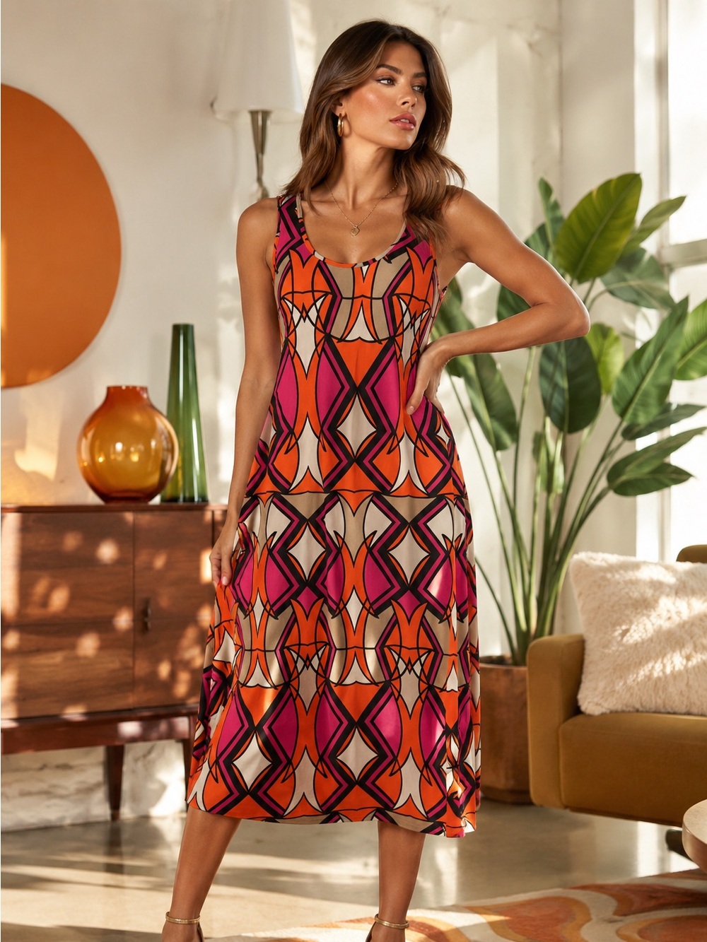 Retro Mod Geometric Swing Dress Pink Orange Sleeveless Large